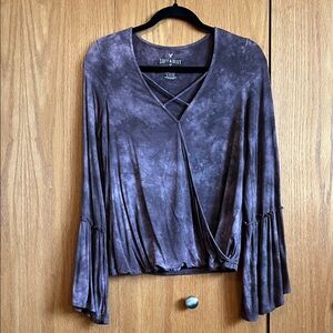American Eagle Outfitters Brown Tie-Dye Crisscross Surplice Long-Sleeve Top